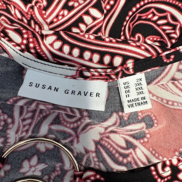 Susan Graver Liquid Knit Tunic Top Womens Size 2X Red Paisley Keyhole Stretch - Picture 3 of 6